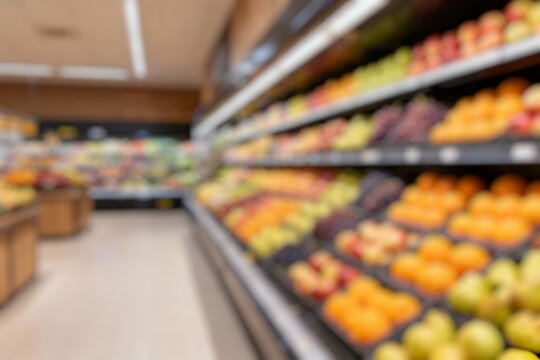 Blur image of Blurry Interior view of the huge refrigerator with various fresh fruits and vegetables in supermarket. - Powered by Adobe