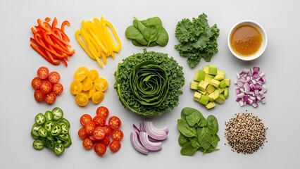 Assortment of fresh salad ingredients including chopped vegetables, greens, avocado, quinoa, and dressing, isolated on white background for healthy eating and meal preparation concepts