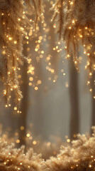 Golden shimmering pine branches glowing softly against a dreamy festive forest backdrop creating a warm enchanting seasonal atmosphere for winter holiday visual designs