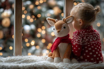 A young girl sits quietly beside her soft deer toy, gazing out the window at twinkling lights Generative AI