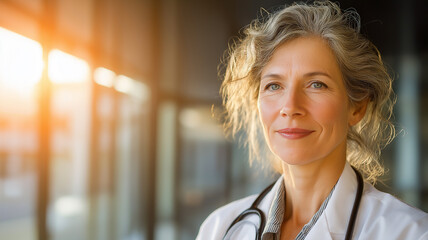 A dedicated doctor smiles warmly in a modern hospital setting as the sun sets behind her Generative AI