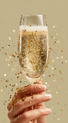 A graceful hand holding a sparkling champagne glass surrounded by floating golden confetti in warm glowing light creating an elegant festive celebratory moment for holiday design