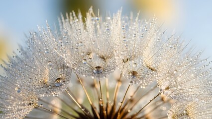 Closeup of a dandelion seed head covered in morning dew drops, isolated on white background
