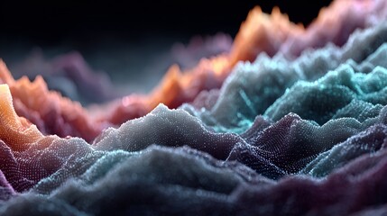 Dynamic abstract landscape of glowing digital particles in vibrant neon hues, representing data flow and futuristic technology