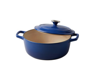Blue enameled cast iron pot with lid and handles