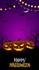 Spooky cartoon illustration Halloween pumpkins under a purple night sky