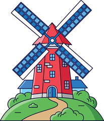 Cute Cartoon Red Brick Dutch Windmill Vector