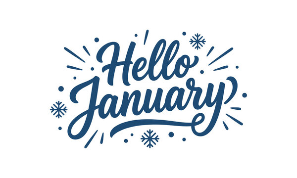 Hello January greeting card. Handwritten text for Hello January with snowflake decorations and festive confetti. Vector illustration.
