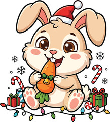 Cute Christmas Bunny Holding Carrot – Adorable Holiday Cartoon Vector Illustration .eps