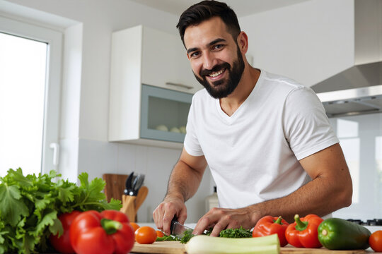 Handsome bearded man in white t-shirt smiling happily while cutting fresh vegetables for healthy salad in modern bright kitchen interior during daytime - Powered by Adobe