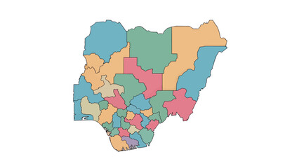 Colorful vector map of Nigeria, detailing its states and administrative divisions. Each region is distinctly colored on a white background, perfect for geographical study and educational resources
