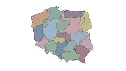 Detailed political map of Poland showcasing its administrative divisions with distinct color coding for each region, ideal for geographical studies and educational resources