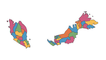 Colorful map of Malaysia divided into regions and states, illustrating geographical and administrative divisions