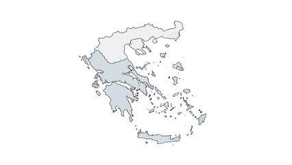 Map of Greece, highlighting regions with a gray fill over a white background, illustrating geographical boundaries and outlines