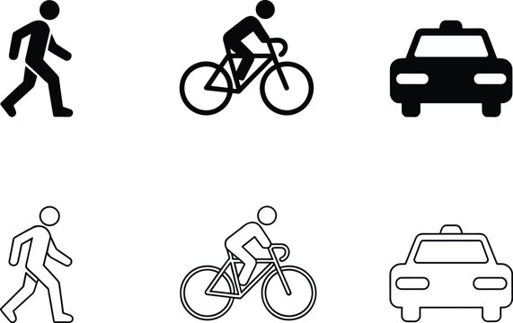 Clean Black and White Vector Icon Set for Urban Mobility: Featuring Pedestrian Walking, Cyclist Riding a Bicycle, and a Front View of a Modern Taxi Car.