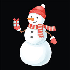 Cute Snowman Opening Gift Watercolor Illustration Vector Isolated
