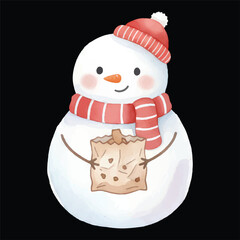 Cute Snowman Eating Snack Watercolor Illustration Vector Isolated

