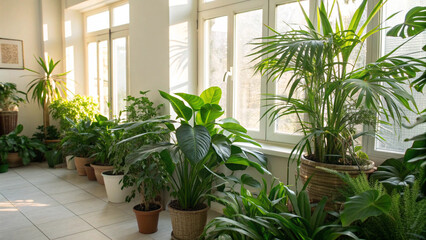 bright room filled with numerous potted green