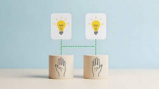 Conceptual image of two lightbulbs connected by a bridge representing ideas - Powered by Adobe