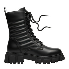 Black leather combat boot with thick sole isolated on transparent background
