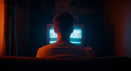 Person watching static on a television screen in a dark room.