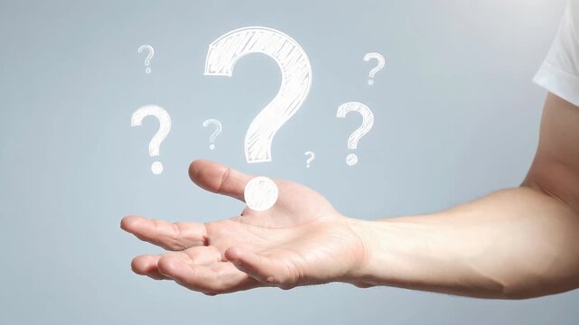 手のひらに疑問符が浮かぶ未来的なビジネス発想の壁紙背景