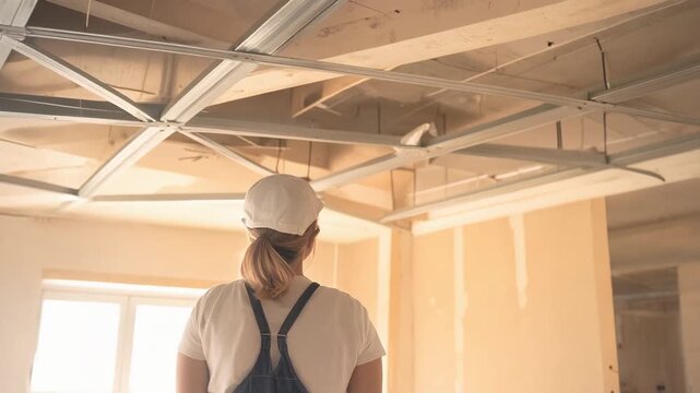 天井ボードを押し上げて取り付ける建設作業員の現場壁紙背景