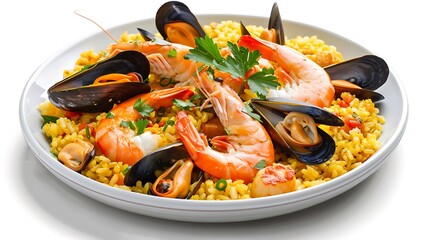 A close up shot of a seafood paella dish with shrimp and mussels on a white plate ready to eat
