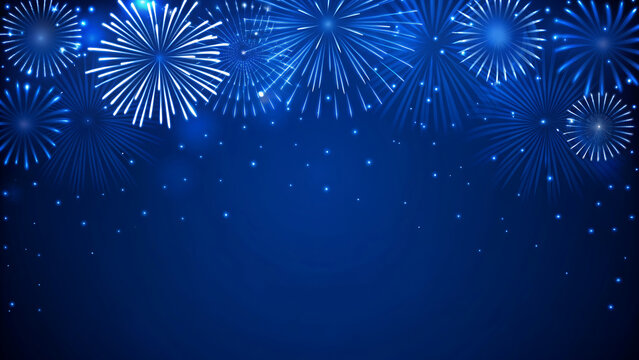 Bright blue fireworks exploding in a dark night sky with falling confetti