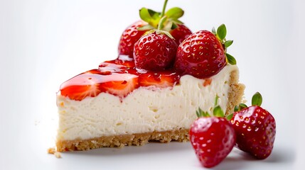 A slice of strawberry cheesecake with a graham cracker crust and fresh berries on a white surface