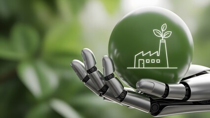 Robotic hand holding a glowing green sphere with factory and leaf imagery inside