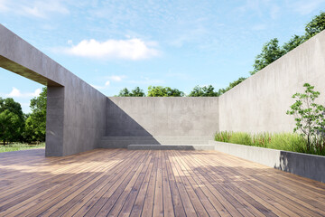 3D render of a minimalist outdoor space with wooden deck, concrete walls, built-in bench, and tropical planter, blending geometric design with natural tranquility.