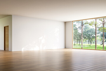Minimal style modern contemporary empty room with green nature view 3d render The Rooms have wooden floors large window overlooking garden view.