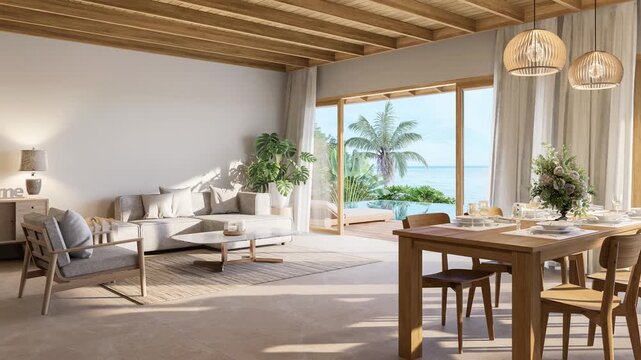 3D animation render of a modern contemporary coastal dining, living room with infinity pool, and tropical ocean view, blending indoor comfort with outdoor elegance.