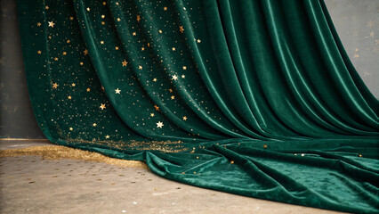 Deep emerald green velvety backdrop with soft gold dust sparkles, luxury holiday mood, premium editorial style