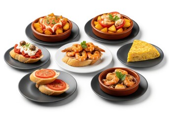 Delicious tapas spread featuring a variety of small spanish dishes for sharing isolated on white background