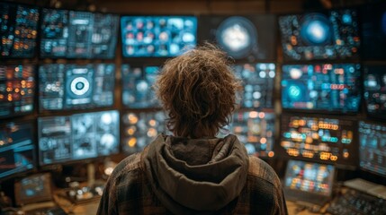 Focused hacker analyzing complex data streams on multiple glowing screens in a dark, high-tech control room environment