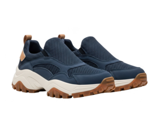 Pair of dark blue slip on athletic shoes with white soles isolated on transparent background