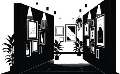 Gallery Interior with Artwork, Plants, and Lighting