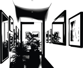 Gallery of framed art and potted plants, interior design, monochrome