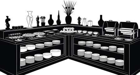 Elegant buffet table with food, plates, and decorative vases