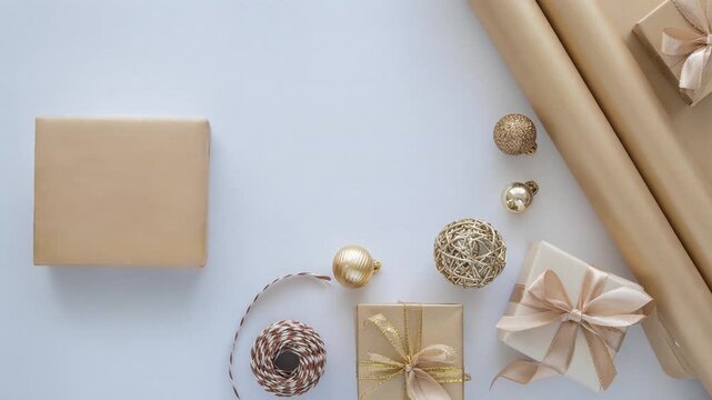 Flat lay of beautifully wrapped gifts and golden Christmas ornaments on a white background.