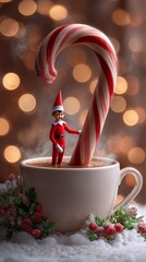 Cute elf in hot coffee mug with giant Candy Cane and warm bokeh background