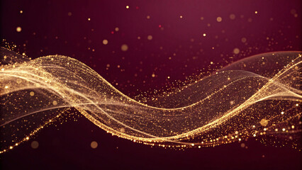 Golden particle waves flowing across deep burgundy background, elegant Christmas shimmer, premium luxury style, smooth space for typography