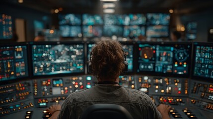Focused technician monitors complex data streams on multiple screens in a high-tech command center, representing innovation and control.