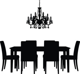 Elegant chandelier and dining set, formal dining room, silhouette