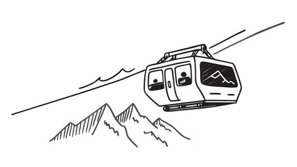 Illustration of a cable car with passengers moving over mountains on a cable line in black and white © sajida