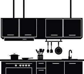 Minimalist kitchen silhouette with cabinets, sink, stove