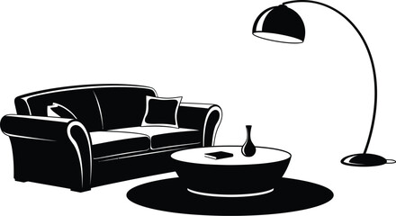 Black sofa, table, lamp