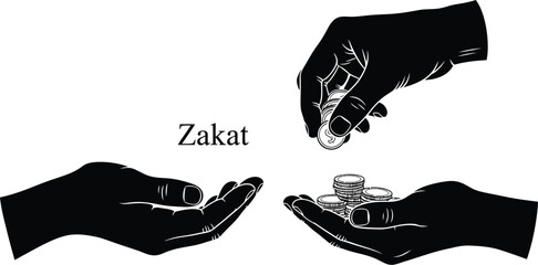 Zakat Illustration with Hands Giving and Receiving Coins, Charity Concept